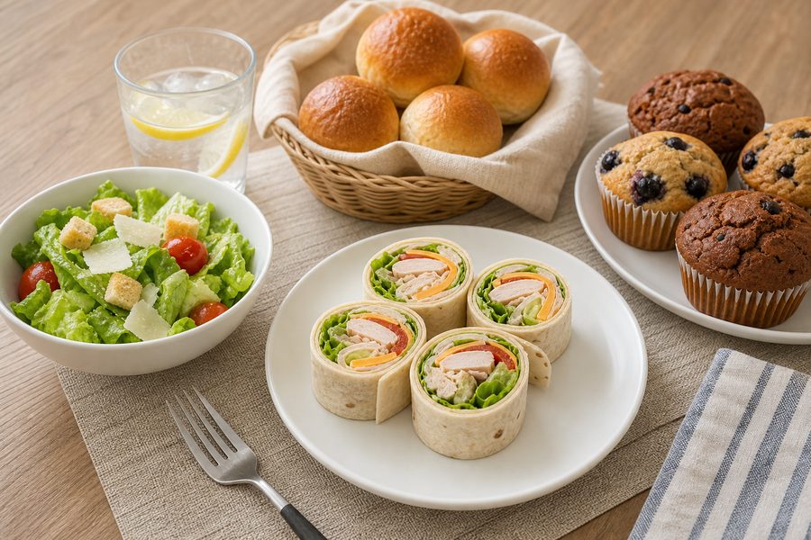 一人分の食卓のイメージ。ディナーロール、マフィン、ラップサンド、シーザーサラダを少しずつ