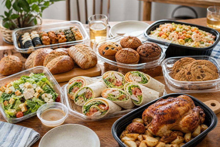 週末の食卓のイメージ。ロティサリーチキン、ラップサンド、シーザーサラダ、マフィン、クッキーを並べたテーブル